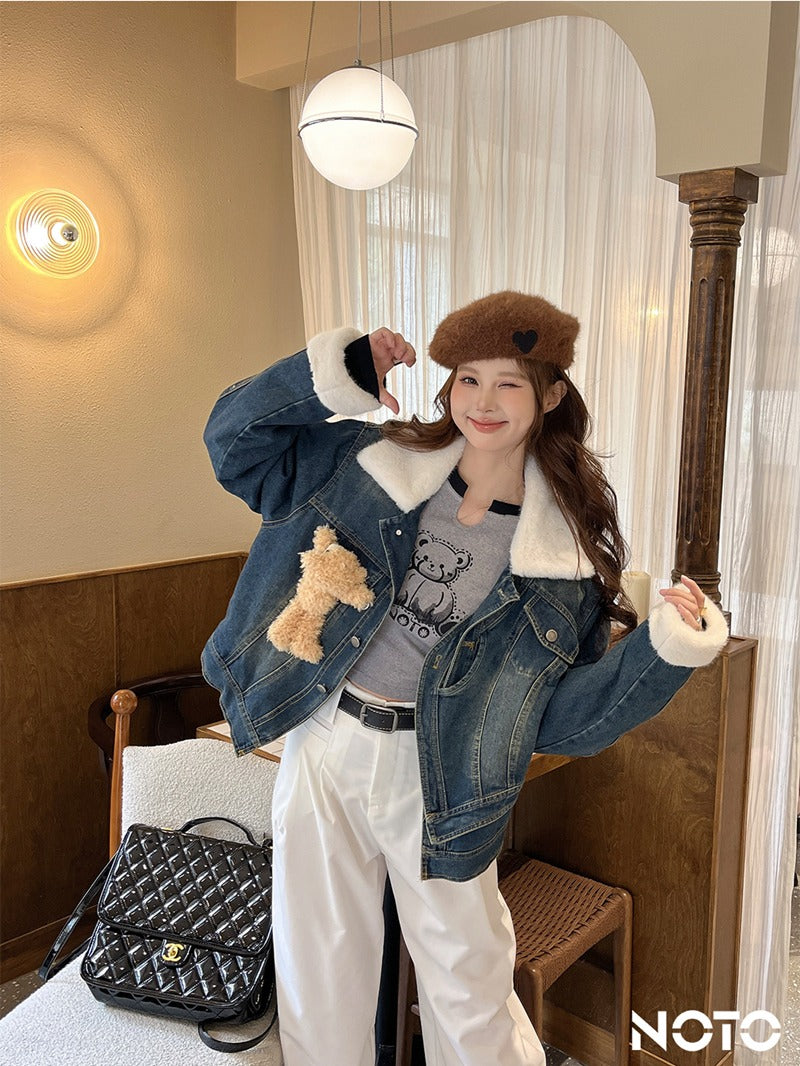 NOTO Teddy Bear Denim Puffer Jacket