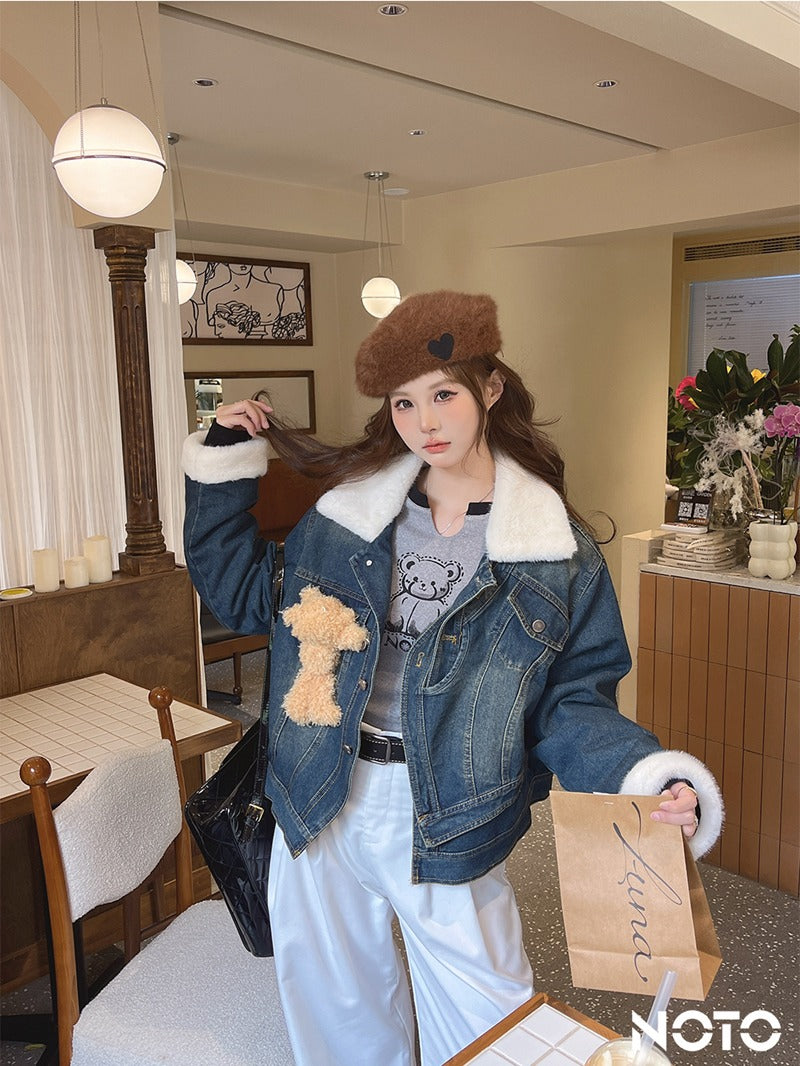 NOTO Teddy Bear Denim Puffer Jacket