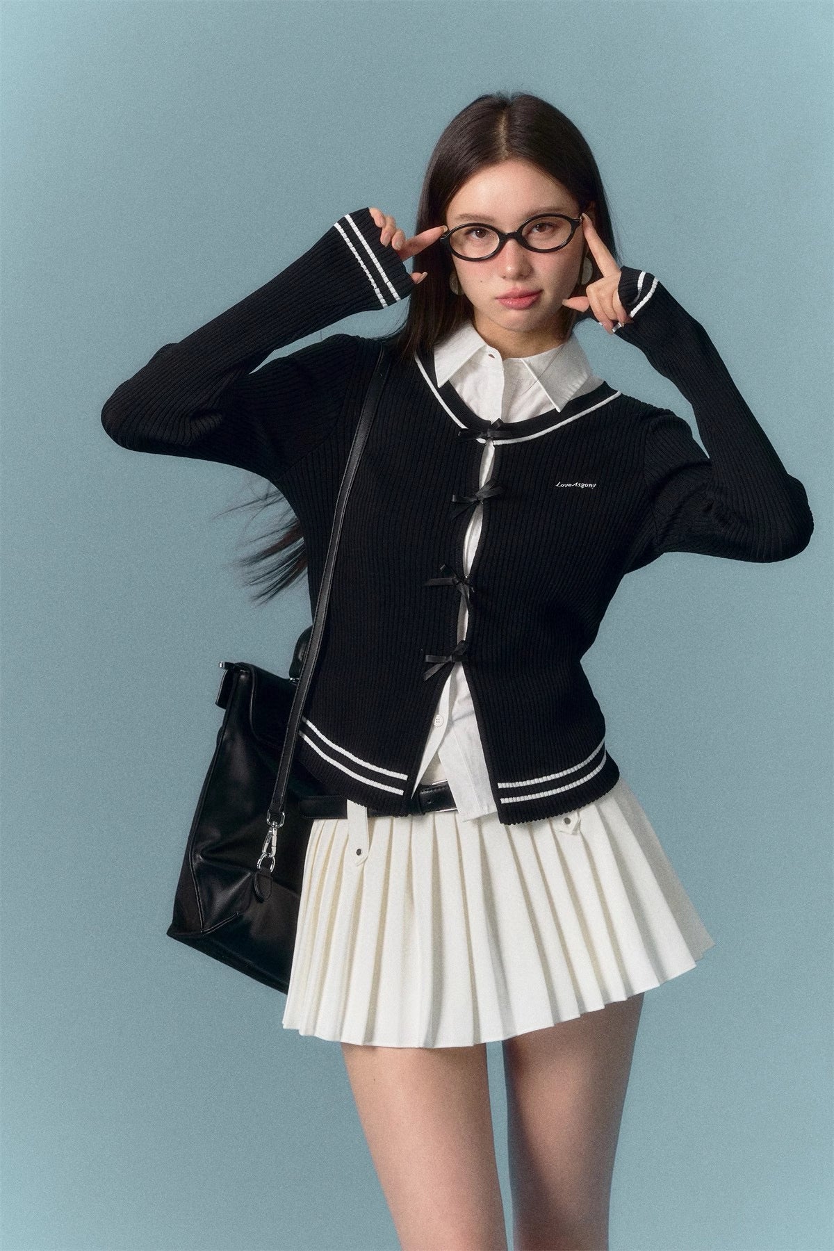 ASGONY College Style Knit Two-Piece Set（Shirt+Cardigan)