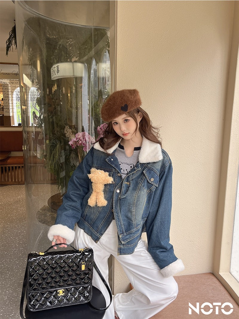 NOTO Teddy Bear Denim Puffer Jacket