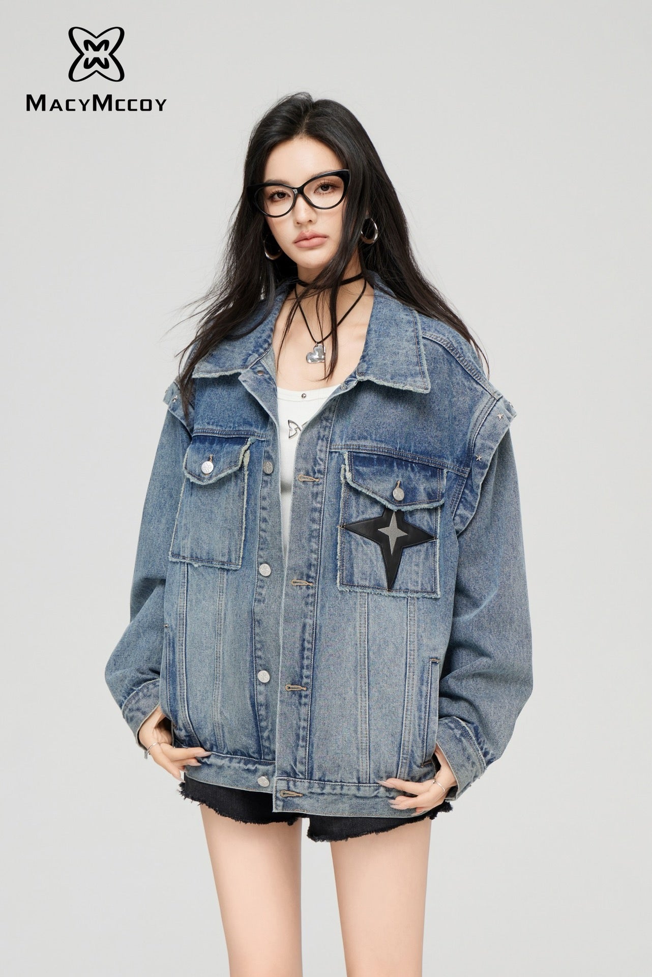 MacyMccoy Star Print Denim Jacket - Light Blue Denim