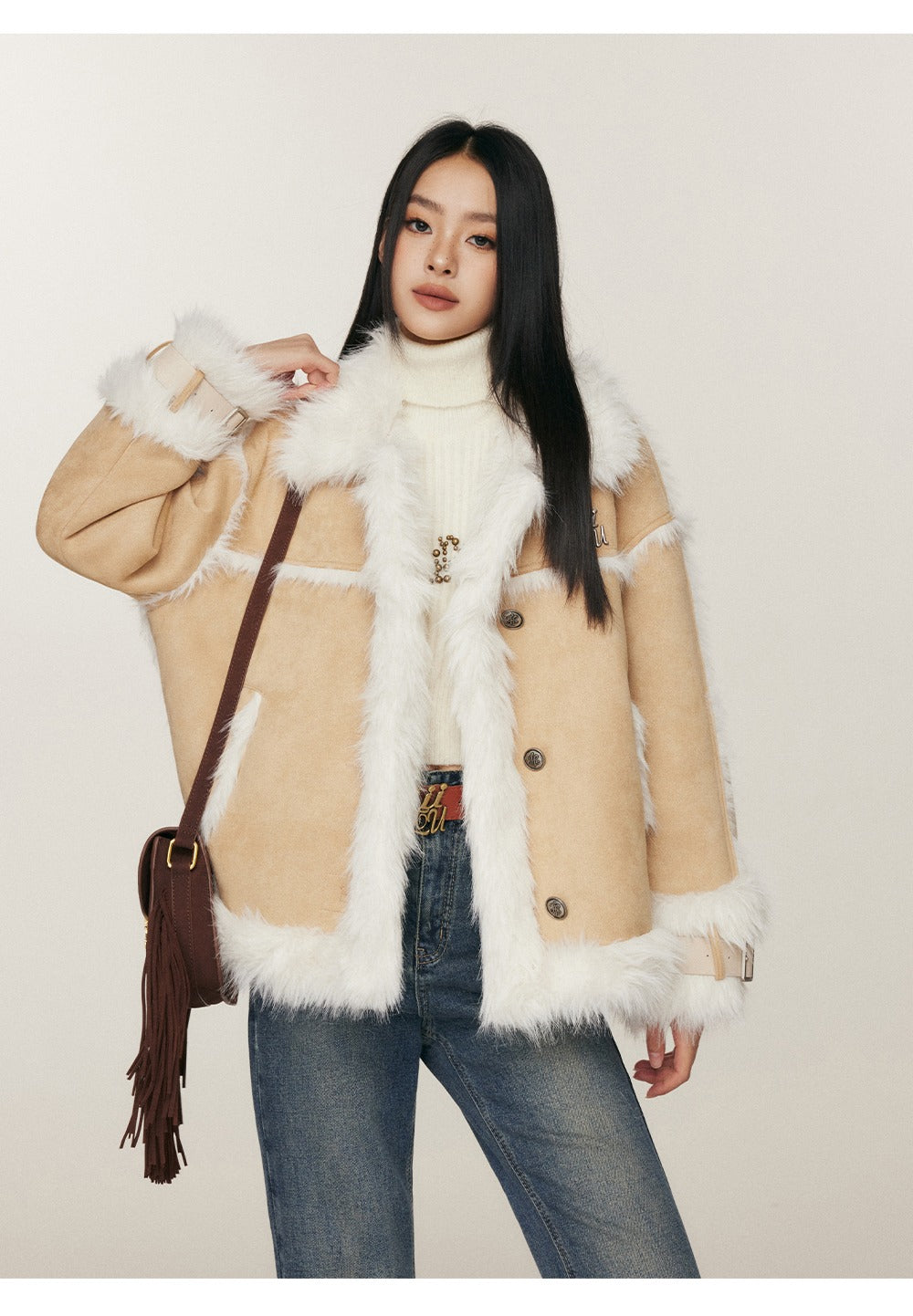 LIILOU Patchwork Shearling Jacket - Light Brown