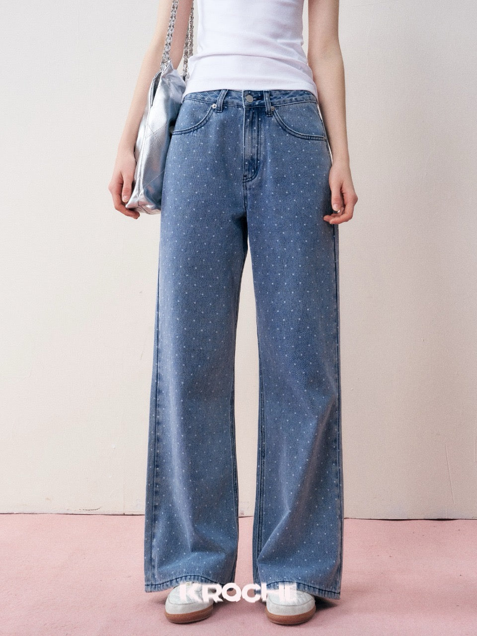 KROCHE Polka Dot Wide-Leg Jeans