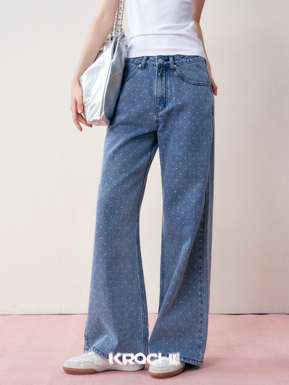 KROCHE Polka Dot Wide-Leg Jeans