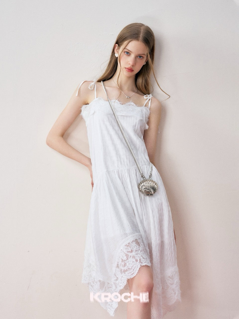 KROCHE Irregular Spaghetti Strap Dress with Lace Insets