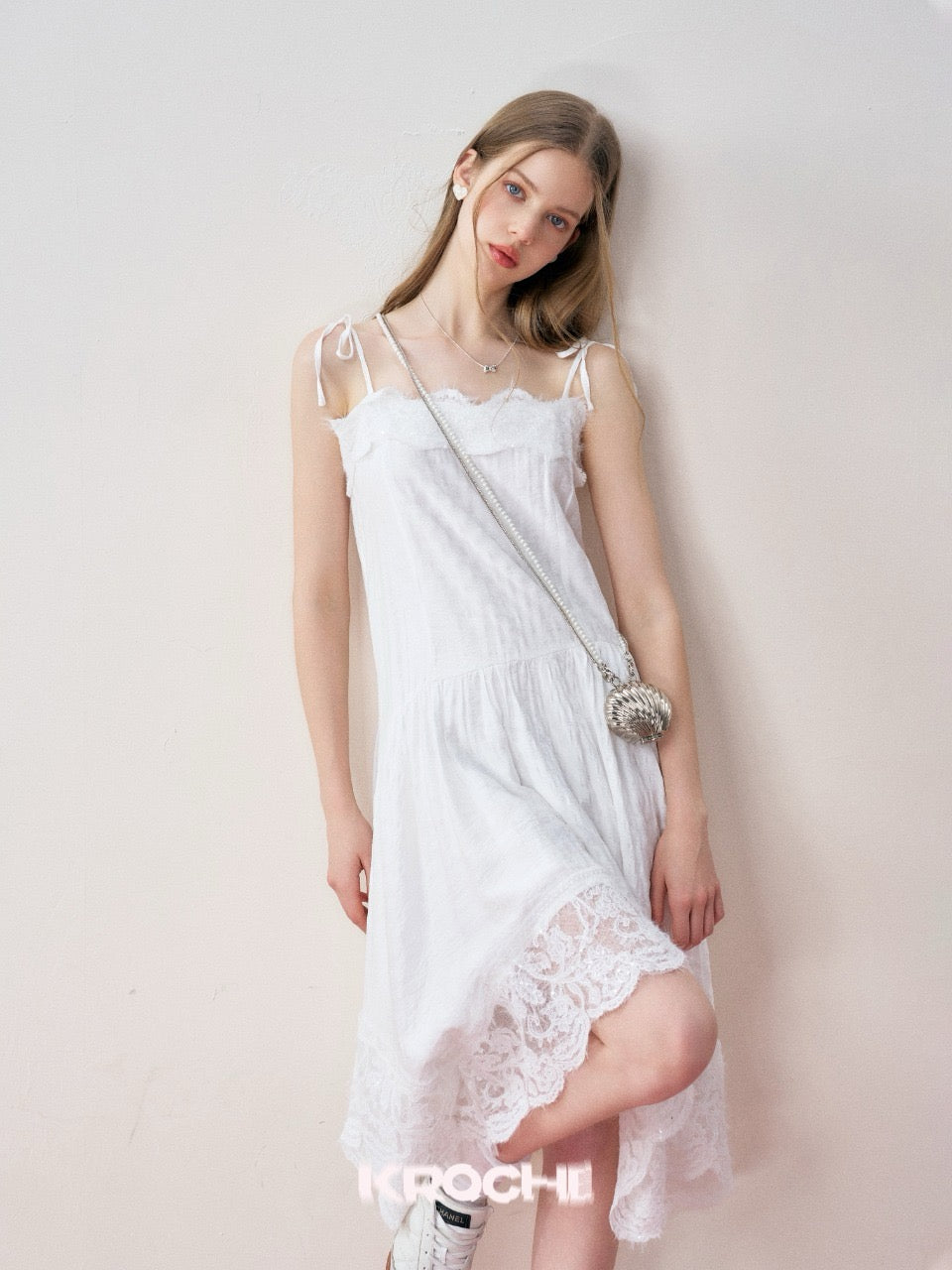 KROCHE Irregular Spaghetti Strap Dress with Lace Insets