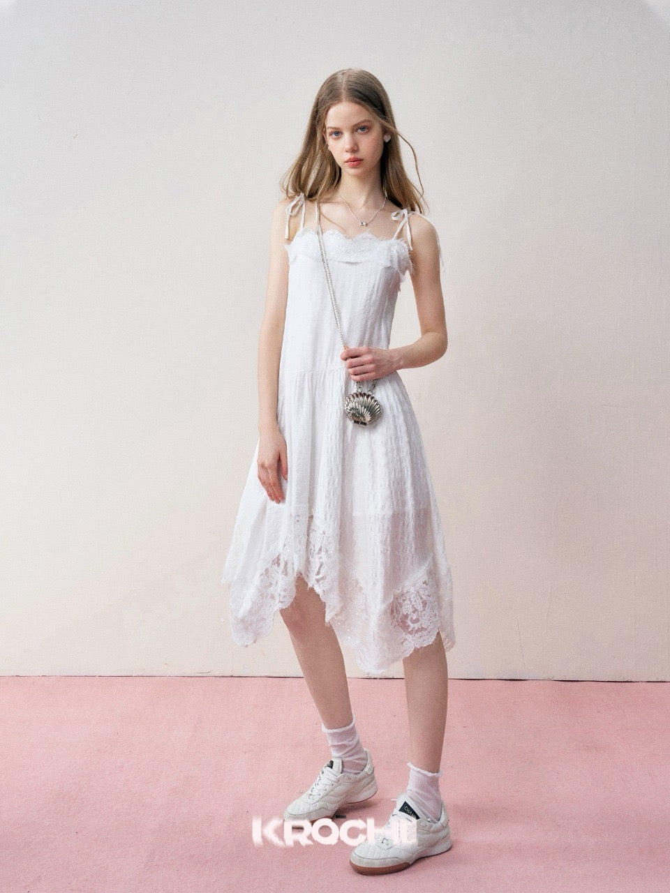 KROCHE Irregular Spaghetti Strap Dress with Lace Insets