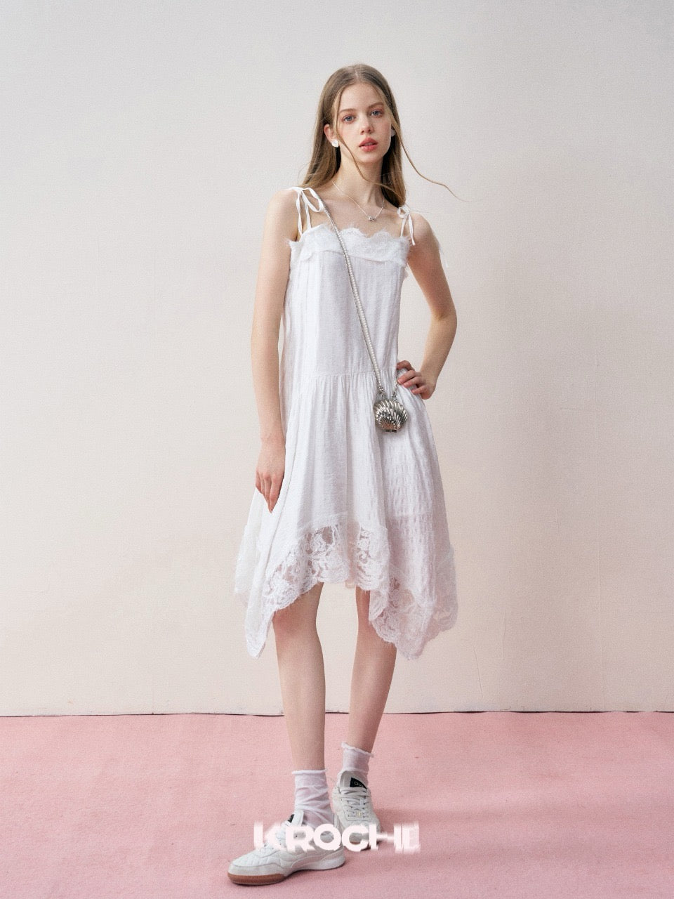 KROCHE Irregular Spaghetti Strap Dress with Lace Insets