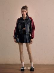 ASGONY Color-Block Denim Baseball Jacket