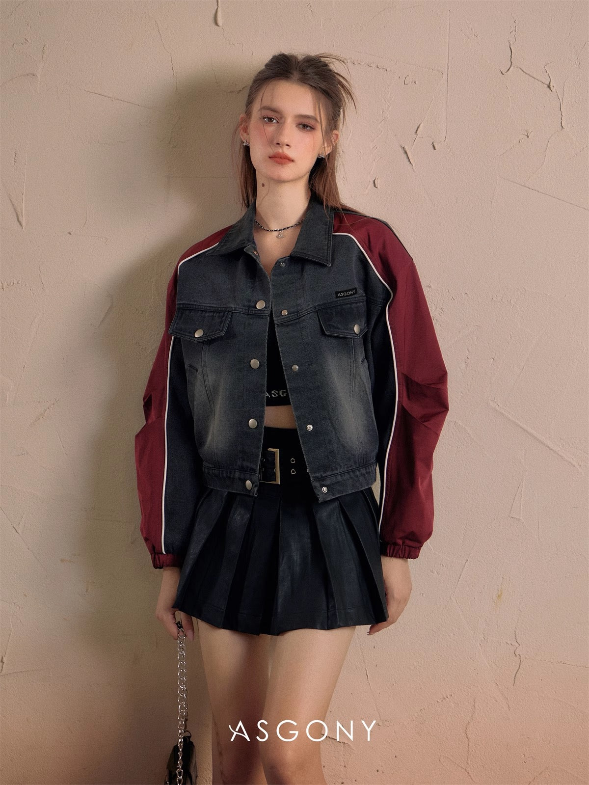 ASGONY Color-Block Denim Baseball Jacket