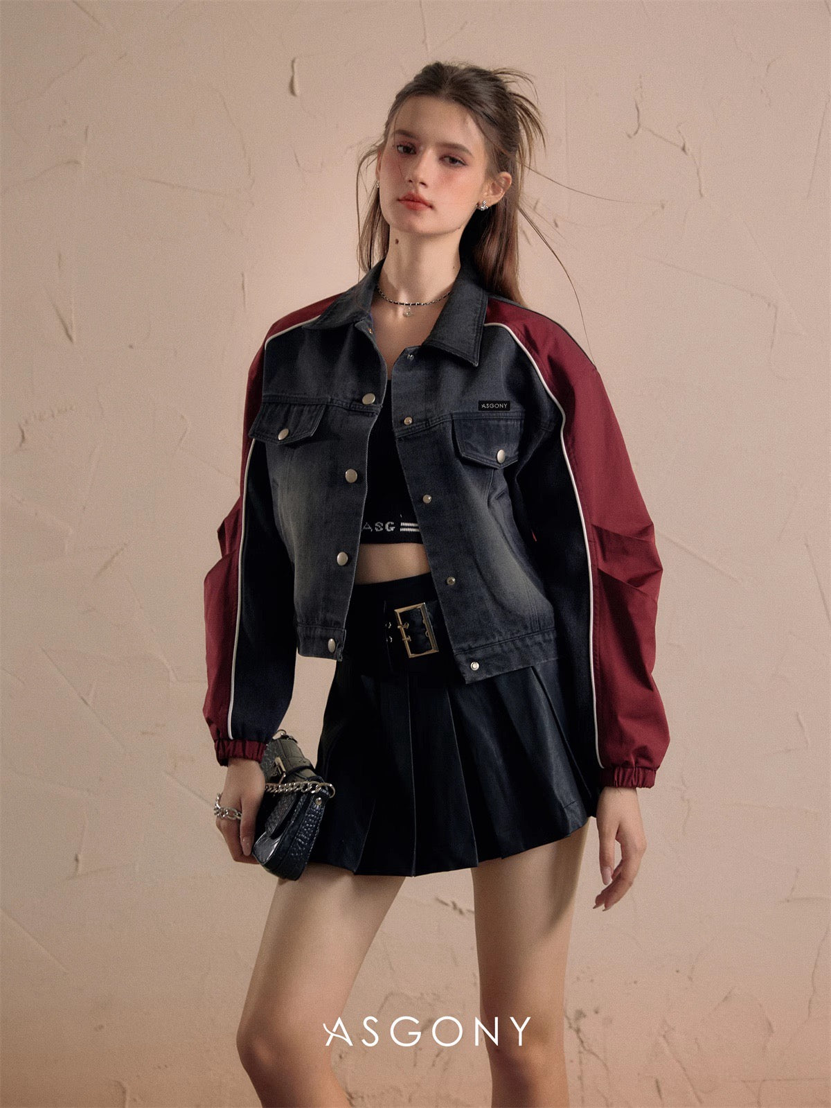 ASGONY Color-Block Denim Baseball Jacket