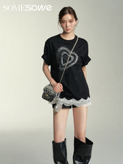 SOMESOWE Lace Heart Short-Sleeve T-Shirt - Black