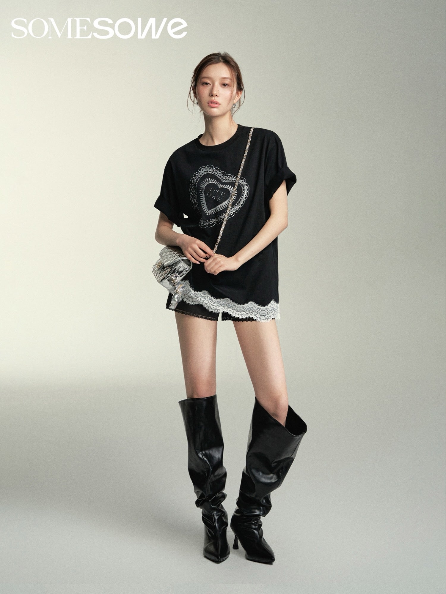 SOMESOWE Lace Heart Short-Sleeve T-Shirt - Black