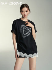 SOMESOWE Lace Heart Short-Sleeve T-Shirt - Black