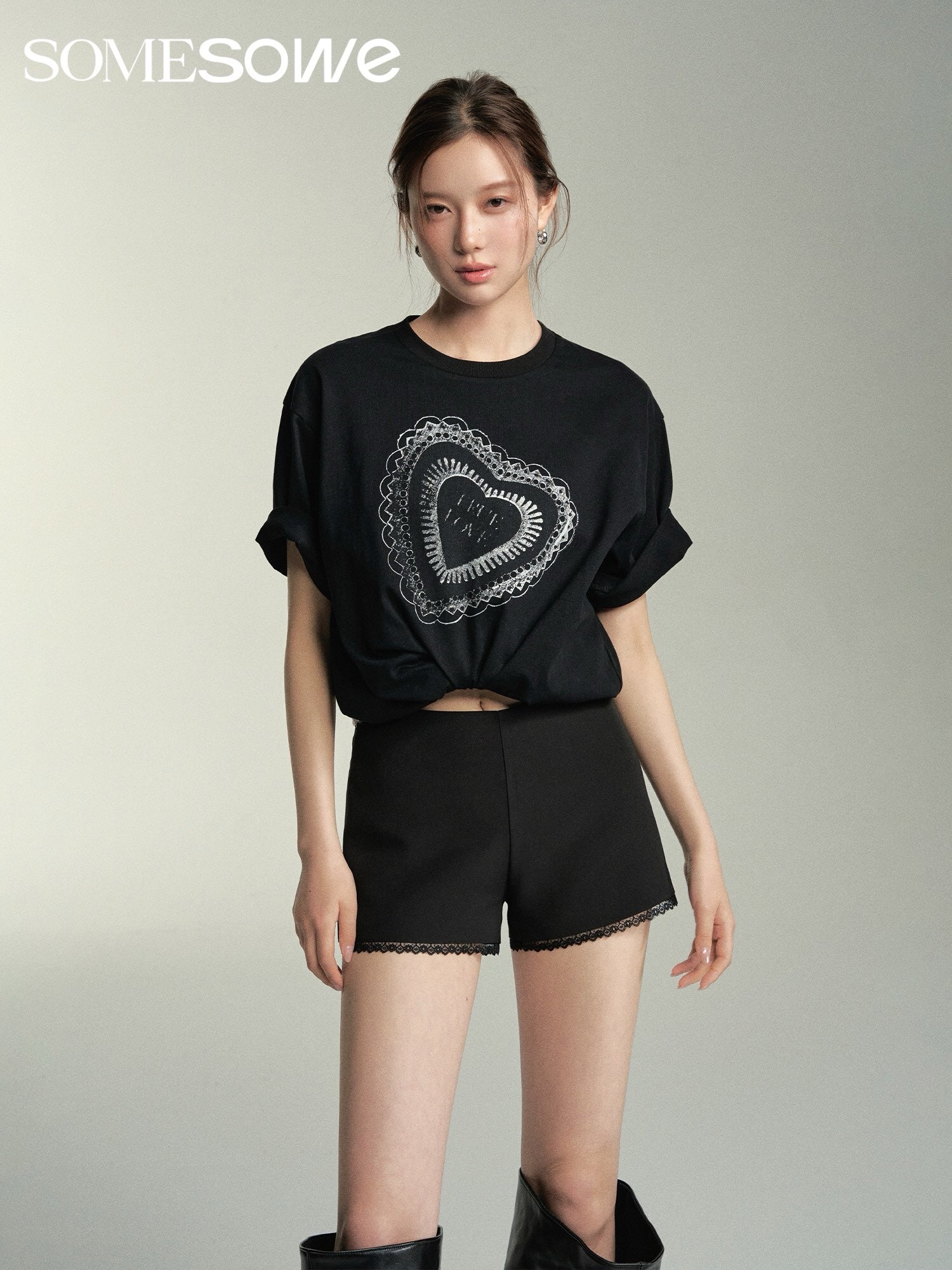 SOMESOWE Lace Heart Short-Sleeve T-Shirt - Black