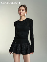 SOMESOWE Lace Illusion Two-Piece Dress- Black