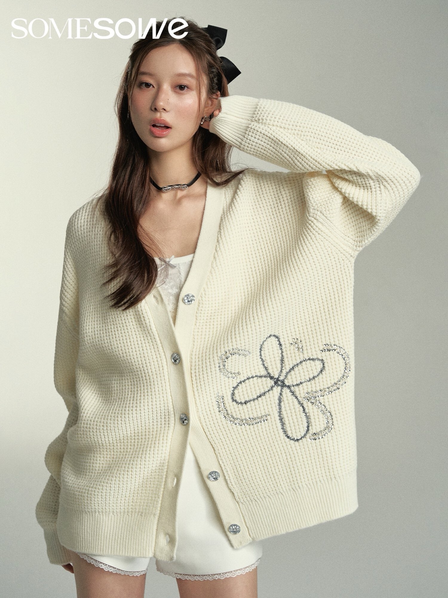 SOMESOWE Floral Knit Cardigan - White