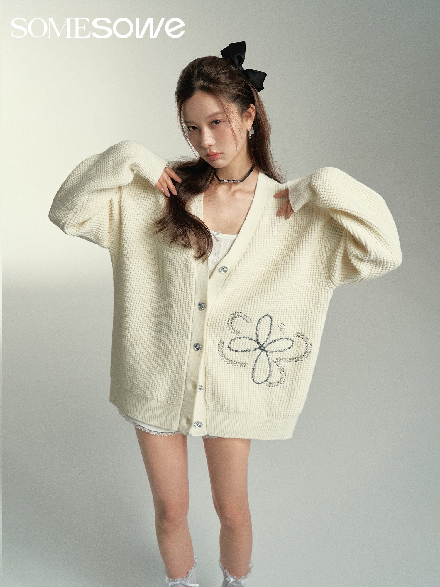 SOMESOWE Floral Knit Cardigan - White