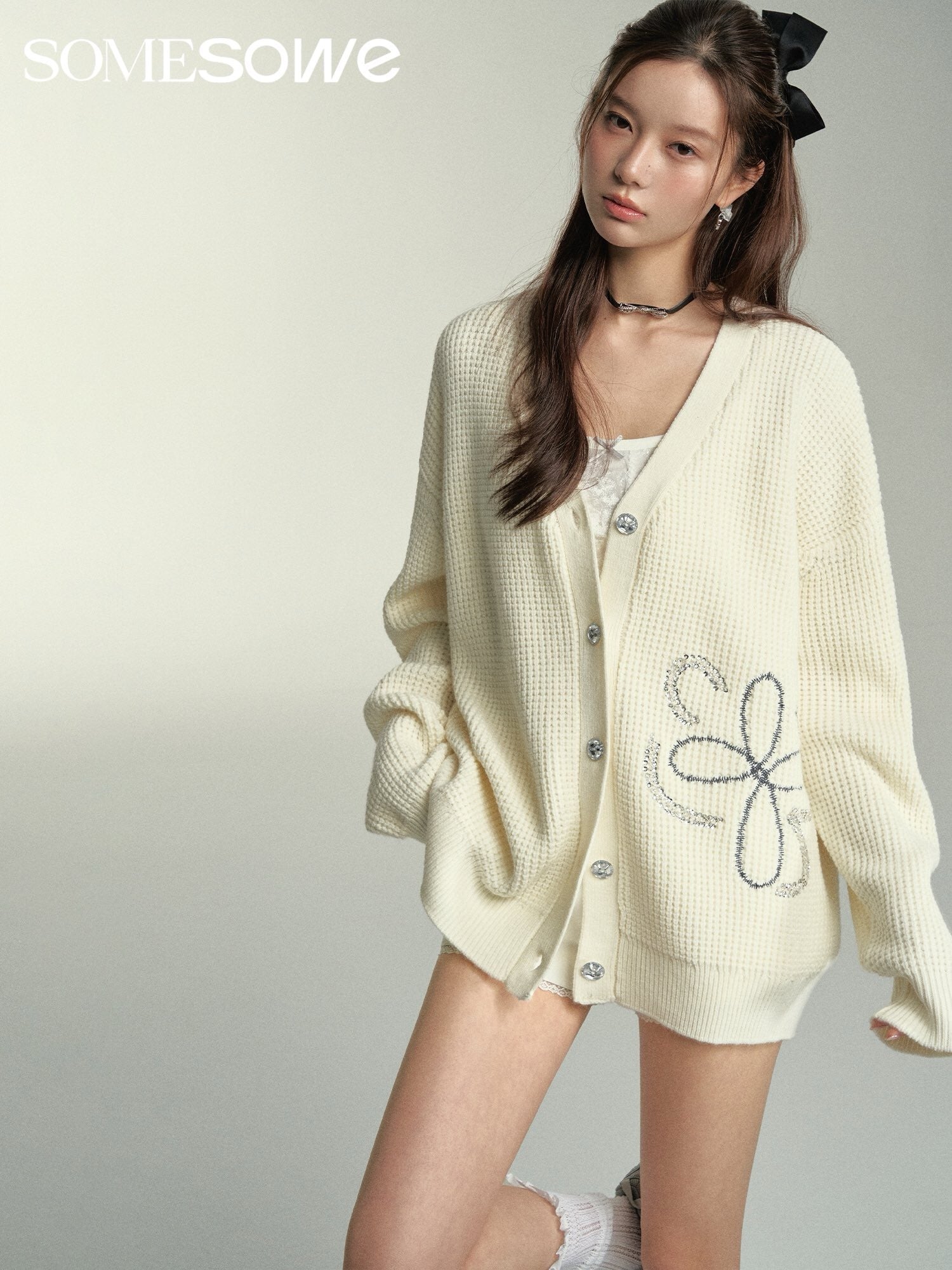 SOMESOWE Floral Knit Cardigan - White