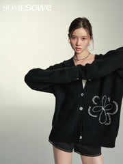 SOMESOWE Floral Knit Cardigan - Black