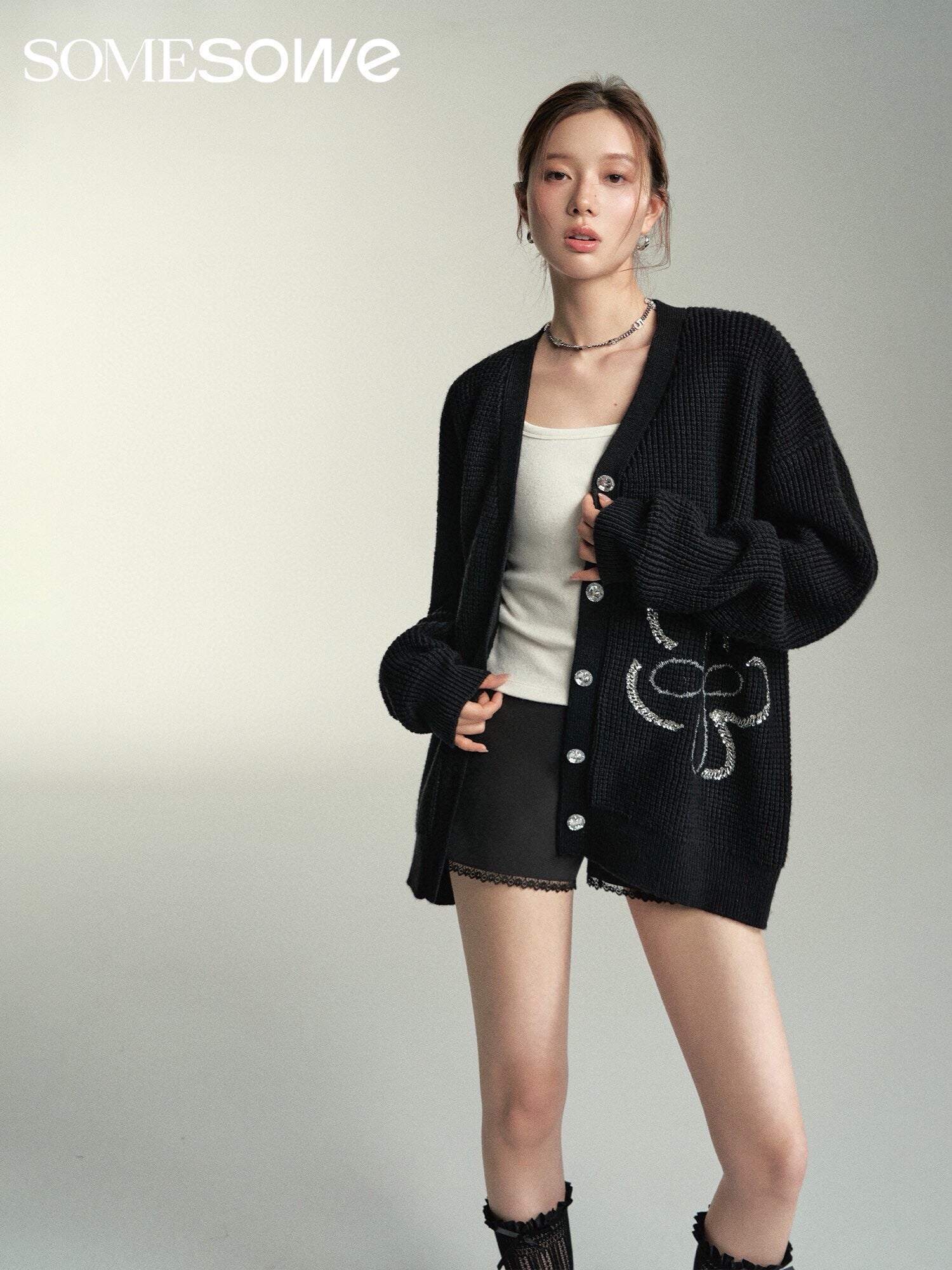 SOMESOWE Floral Knit Cardigan - Black