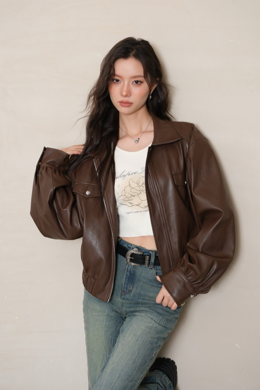 La Freedom Retro Short Leather Flight Jacket - Brown