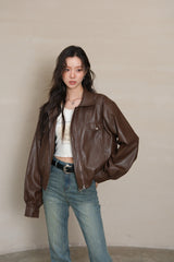 La Freedom Retro Short Leather Flight Jacket - Brown