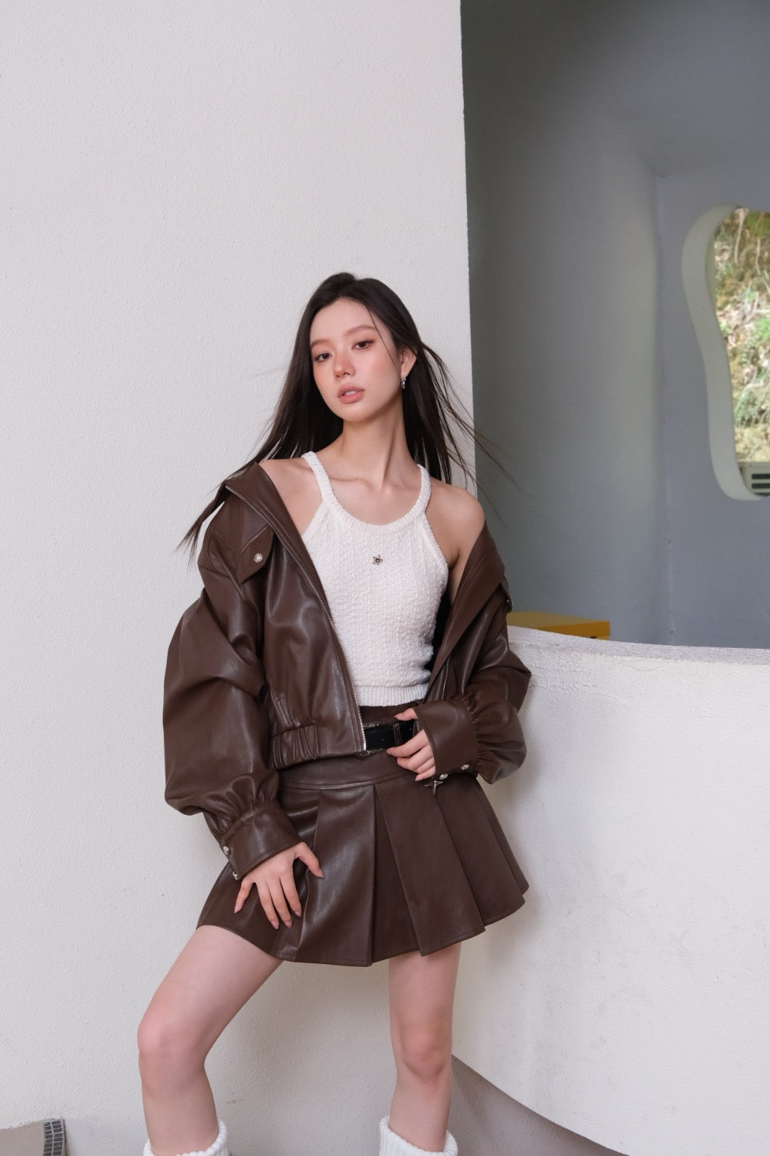 La Freedom Retro Short Leather Flight Jacket - Brown