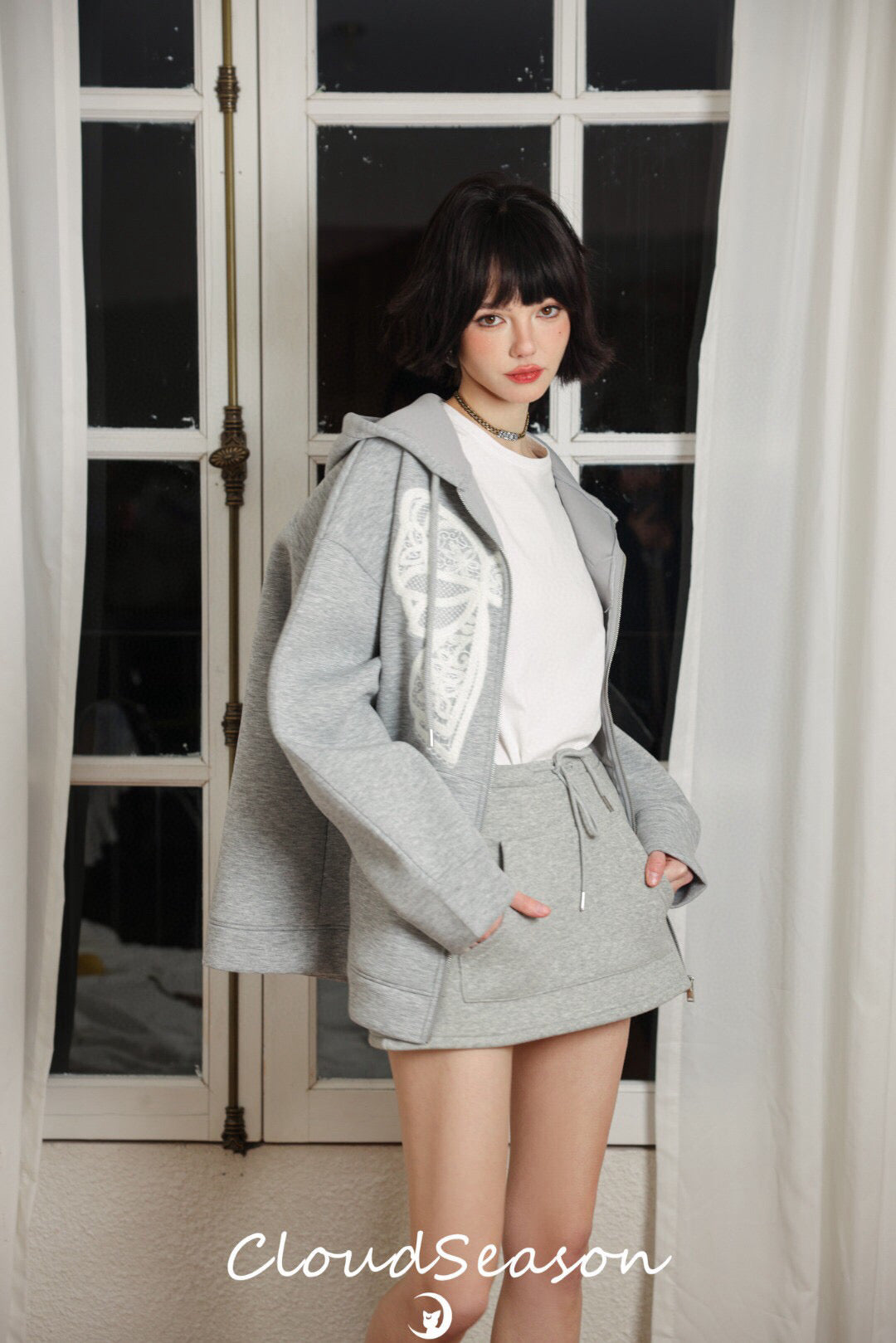 CLOUDSEASON Hooded Sweatshirt Jacket with Bow Tie