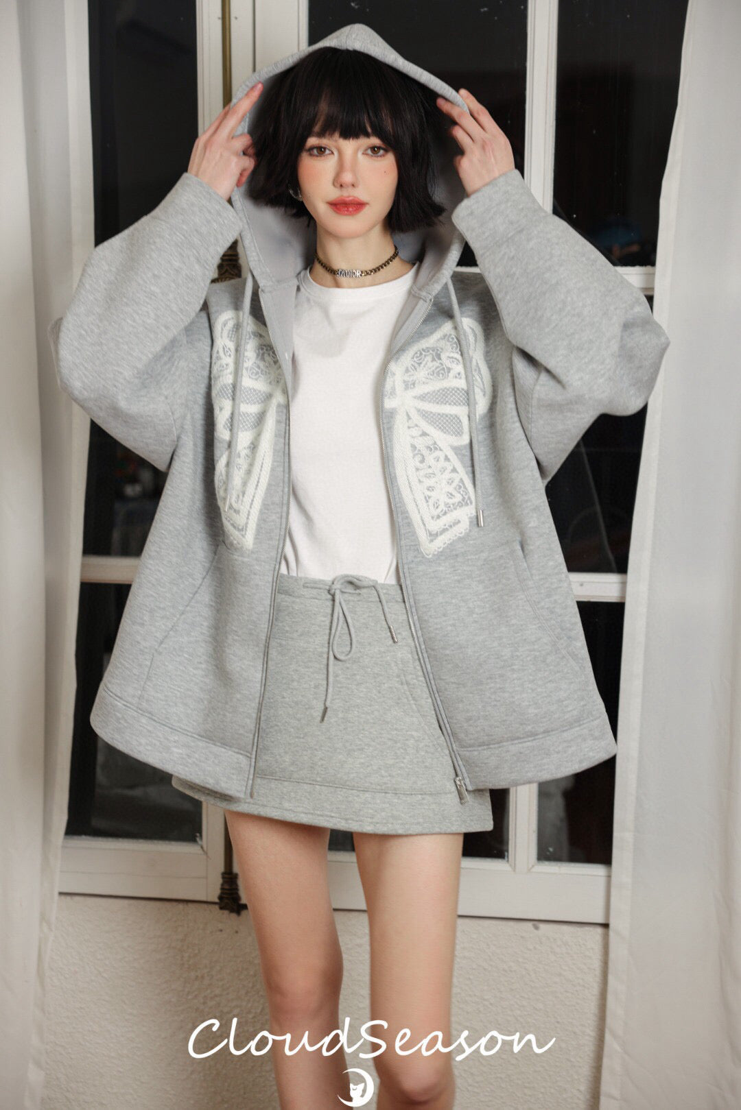 CLOUDSEASON Hooded Sweatshirt Jacket with Bow Tie