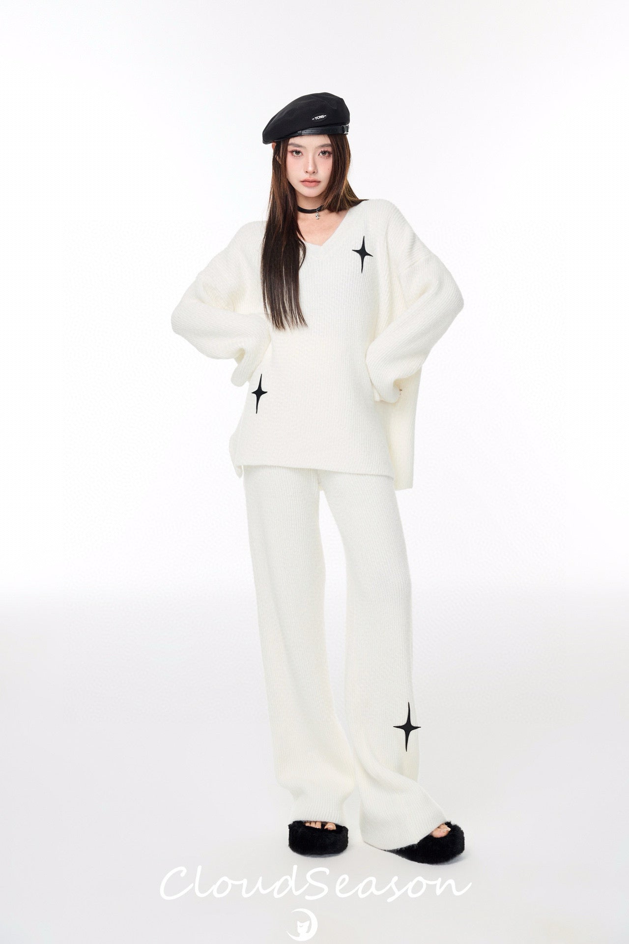 CLOUDSEASON Casual Knitwear Set (Top + Pants) - White