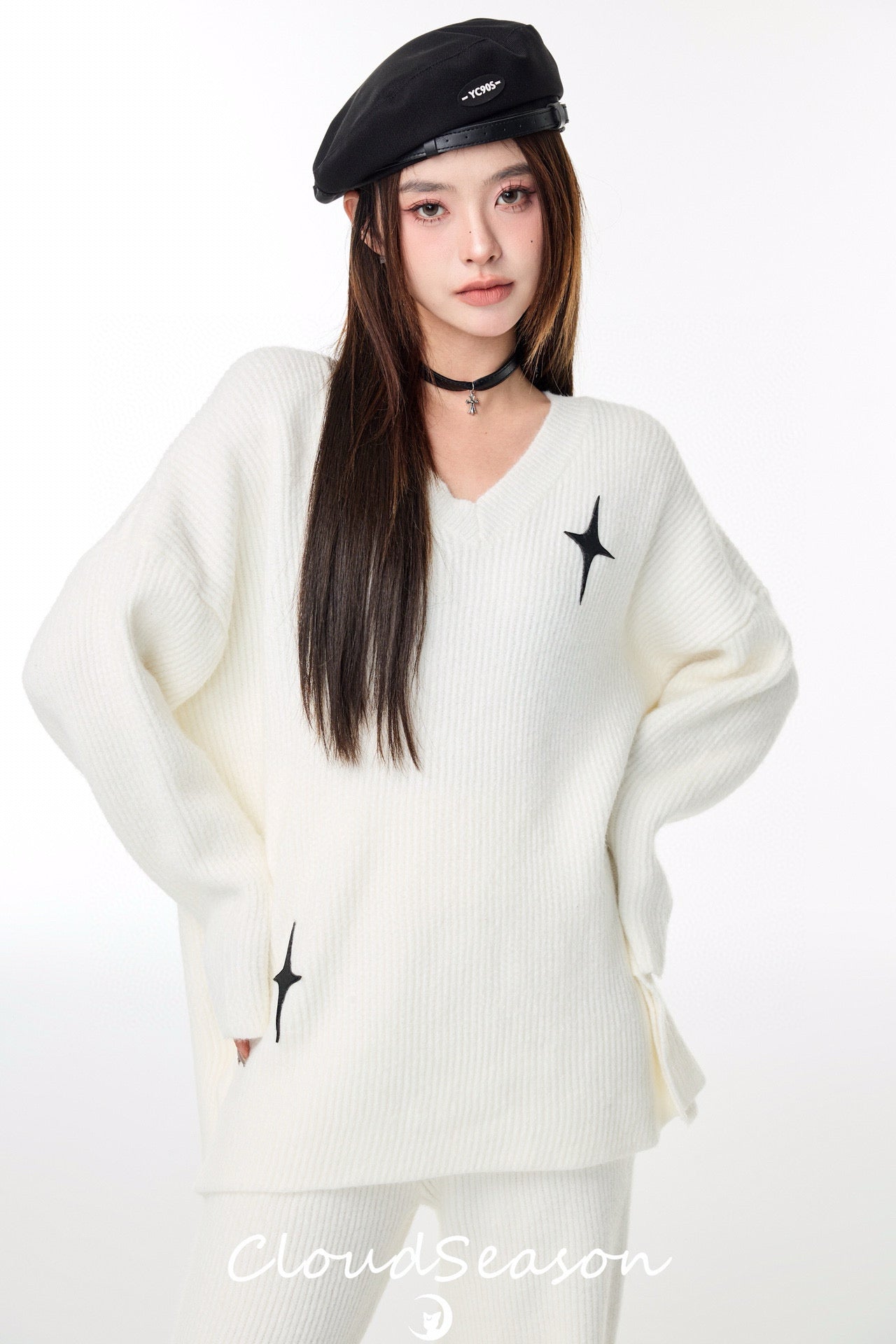 CLOUDSEASON Casual Knitwear Set (Top + Pants) - White