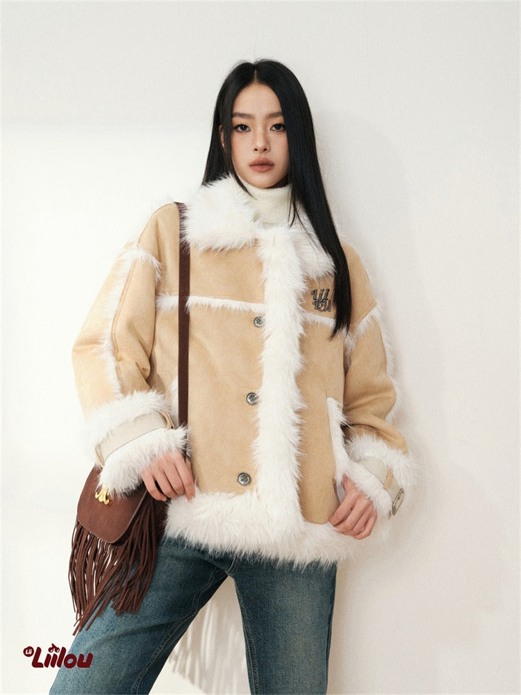 LIILOU Patchwork Shearling Jacket - Light Brown