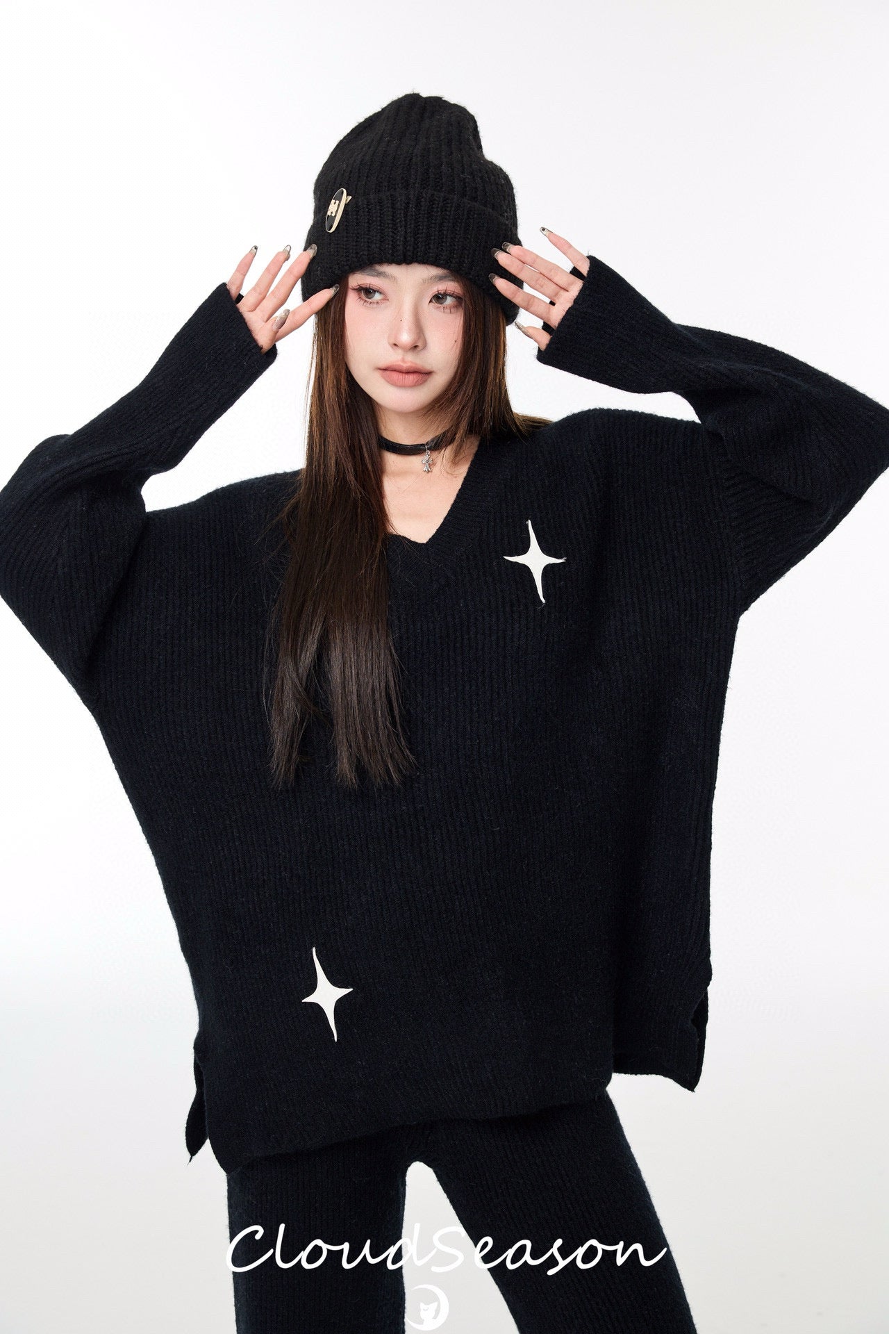 CLOUDSEASON Casual Knitwear Set (Top + Pants) - Black