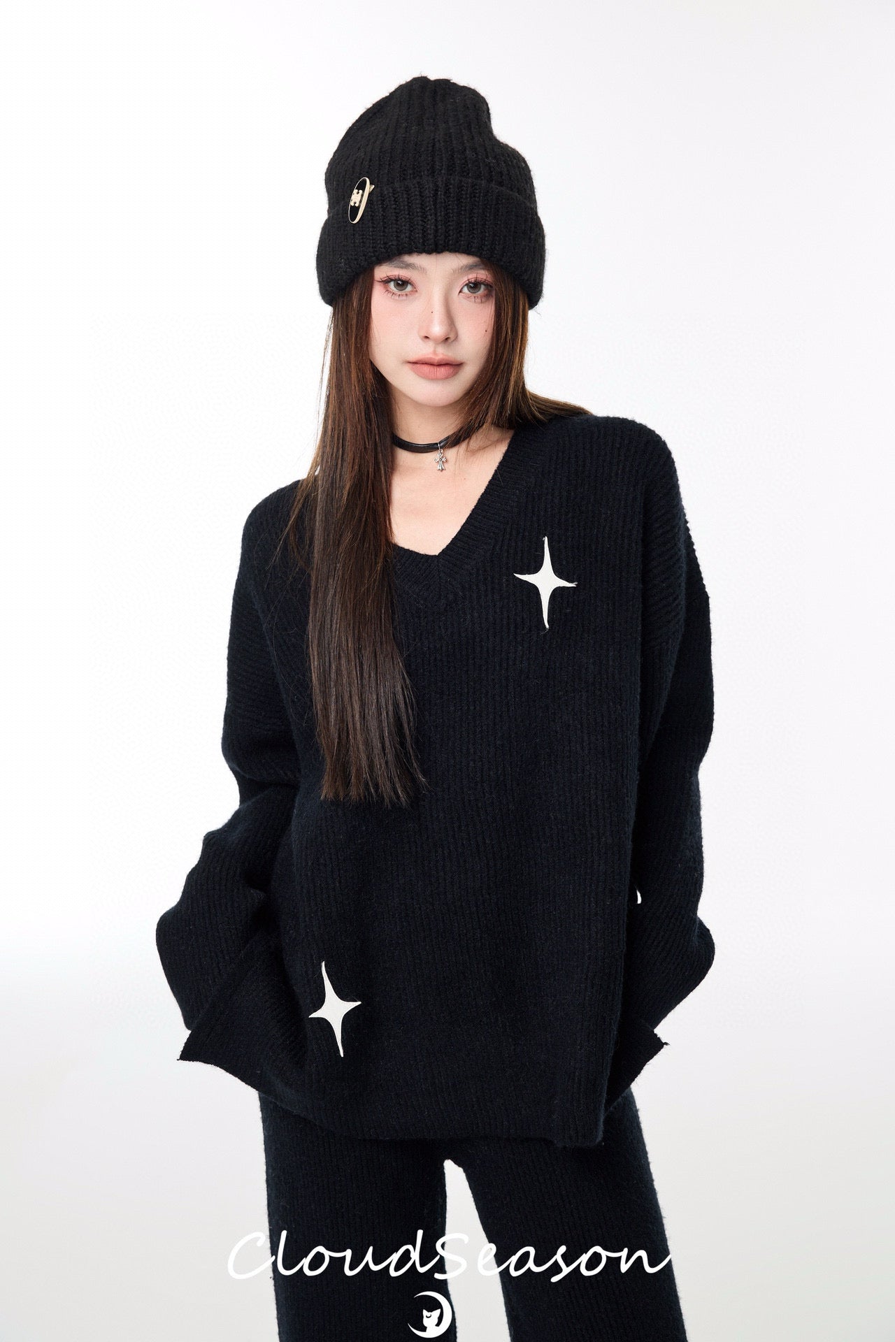 CLOUDSEASON Casual Knitwear Set (Top + Pants) - Black