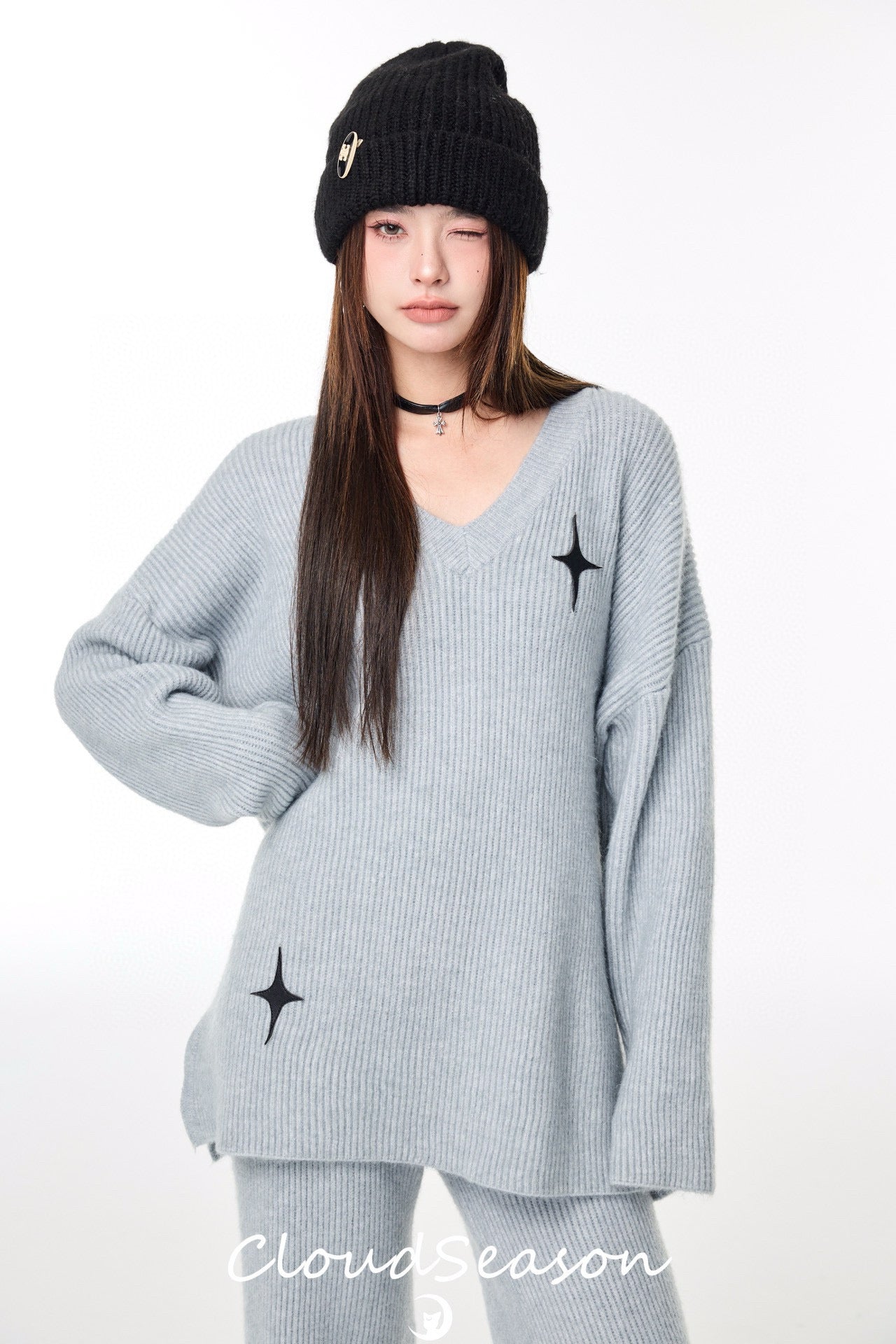 CLOUDSEASON Casual Knitwear Set (Top + Pants) - Gray