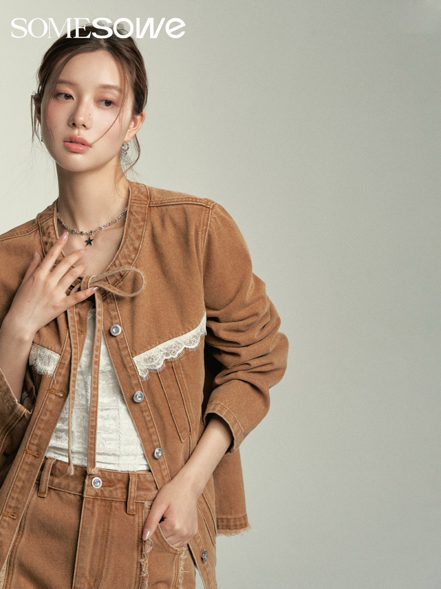 SOMESOWE Structured Cut Denim Jacket/Skirt - Coffee Brown