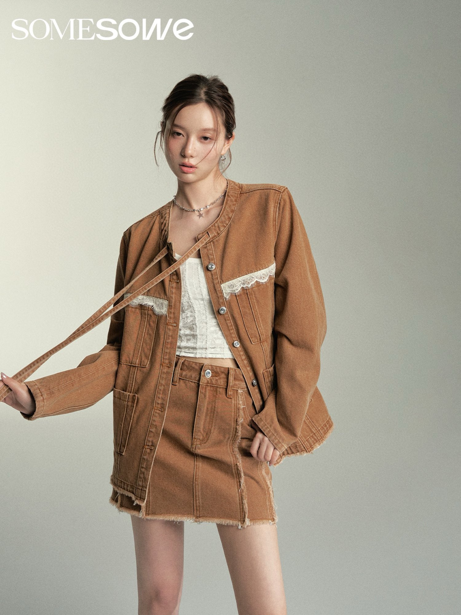 SOMESOWE Structured Cut Denim Jacket/Skirt - Coffee Brown