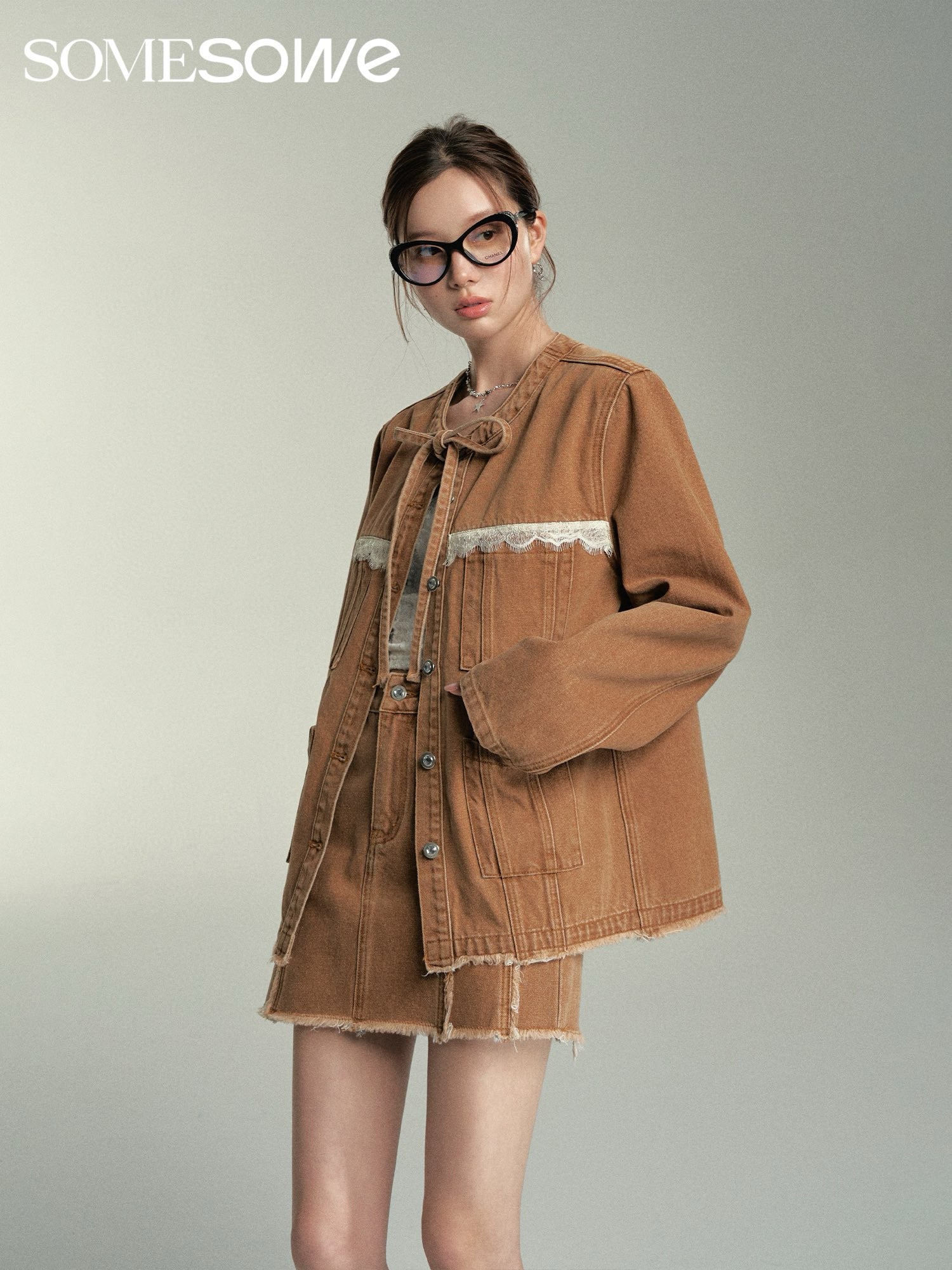 SOMESOWE Structured Cut Denim Jacket/Skirt - Coffee Brown