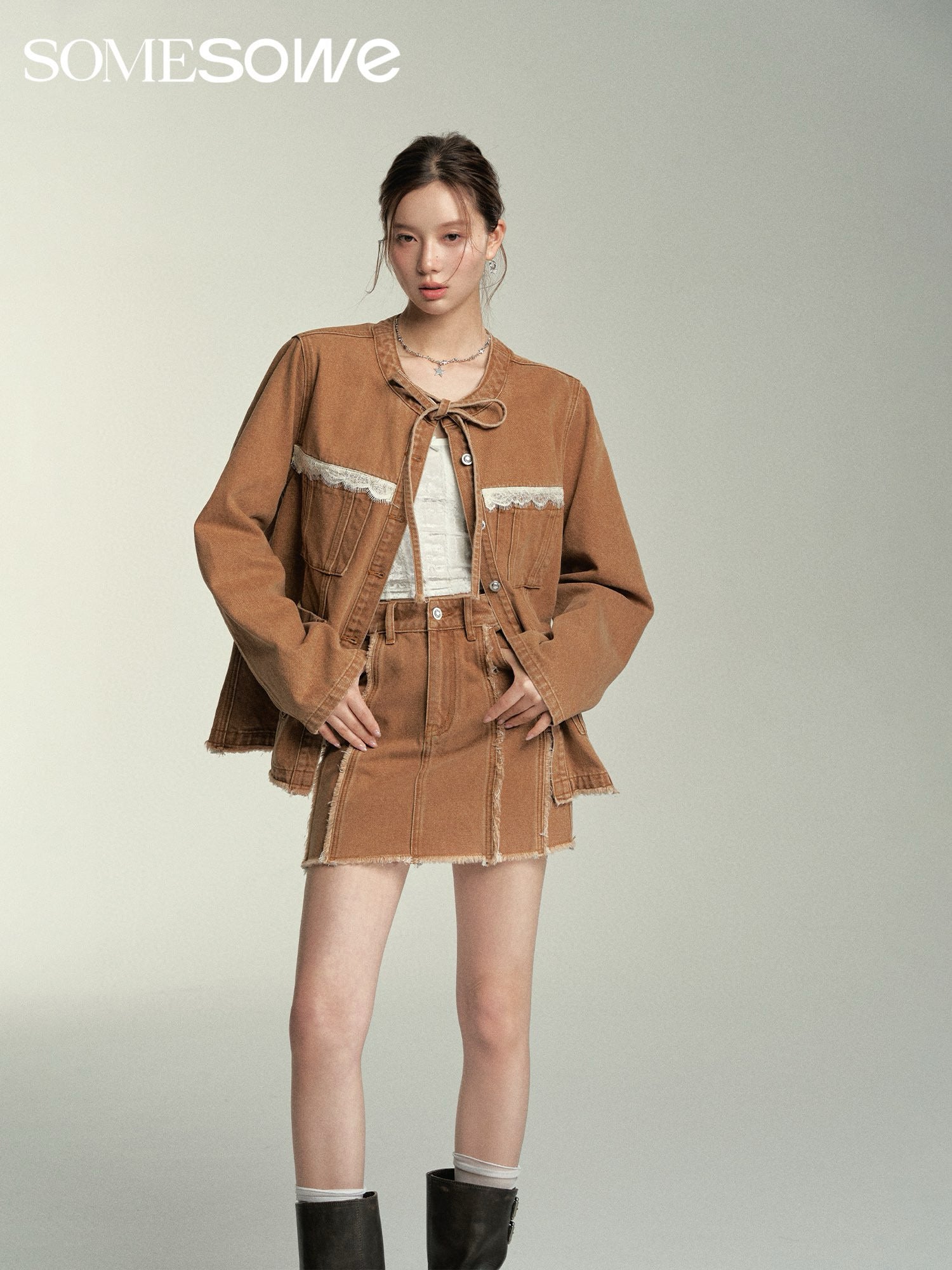 SOMESOWE Structured Cut Denim Jacket/Skirt - Coffee Brown