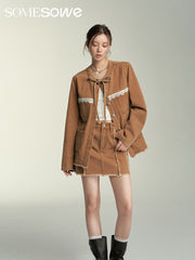 SOMESOWE Structured Cut Denim Jacket/Skirt - Coffee Brown