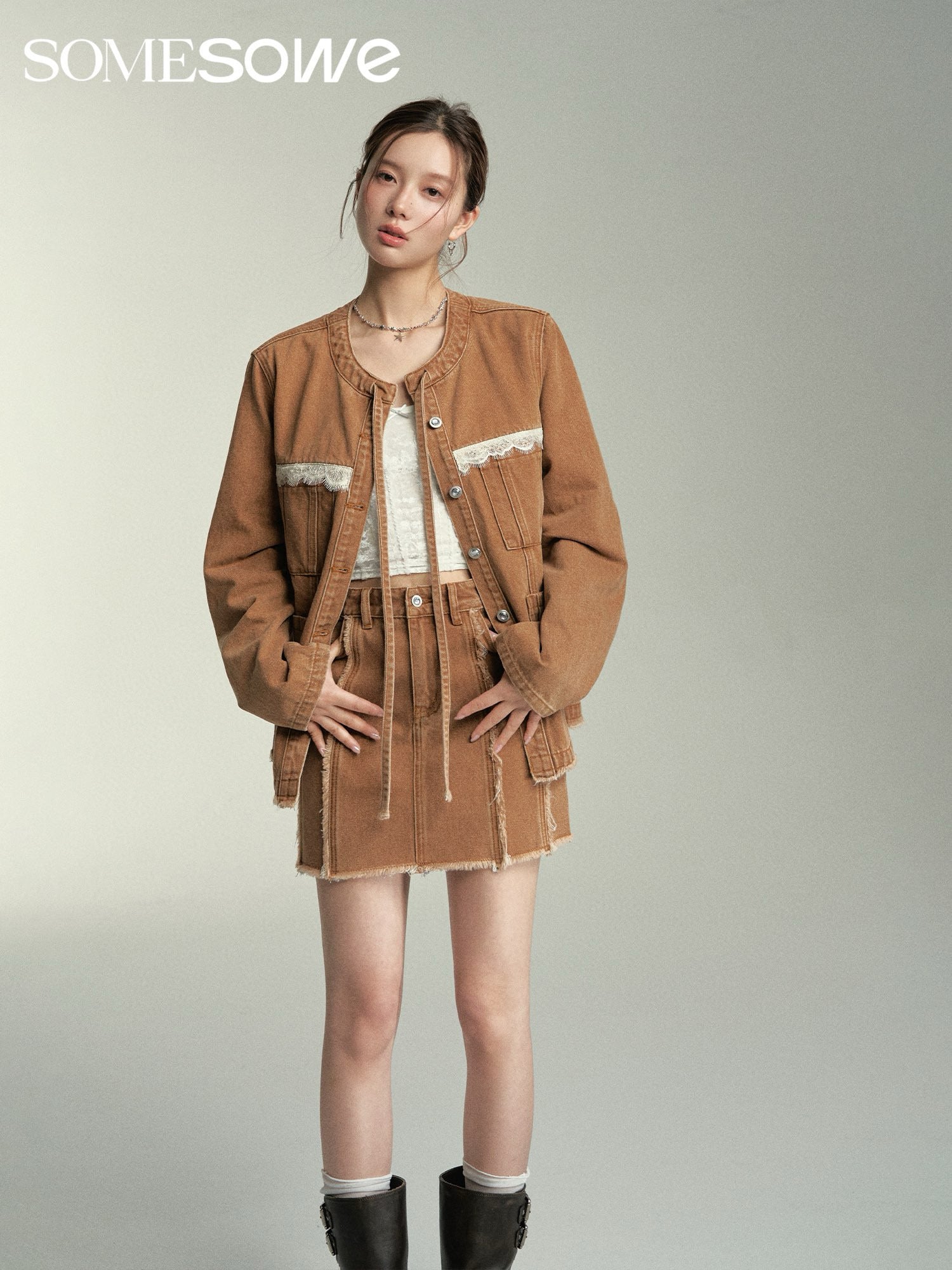 SOMESOWE Structured Cut Denim Jacket/Skirt - Coffee Brown