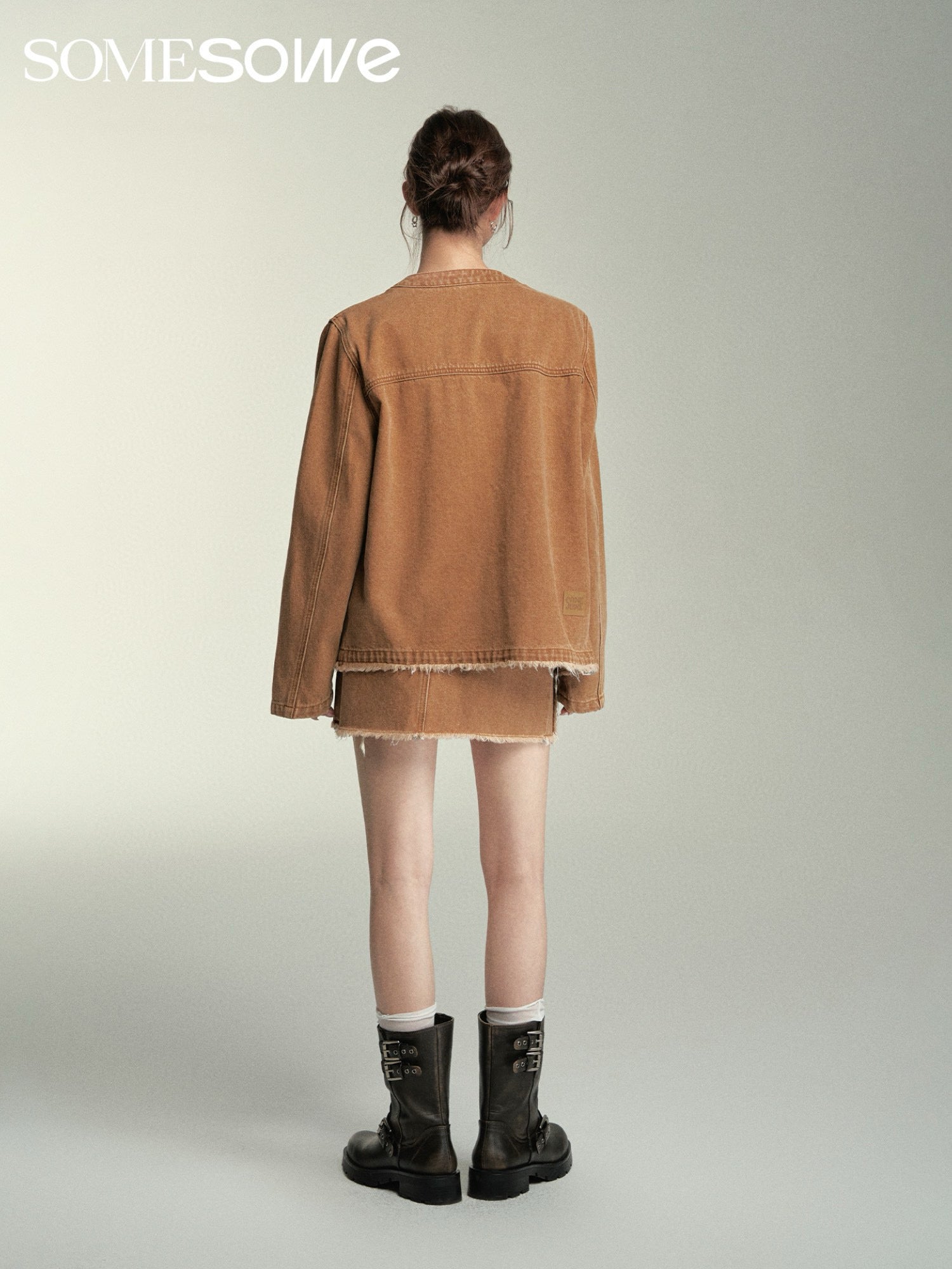 SOMESOWE Structured Cut Denim Jacket/Skirt - Coffee Brown