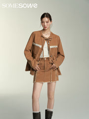 SOMESOWE Structured Cut Denim Jacket/Skirt - Coffee Brown