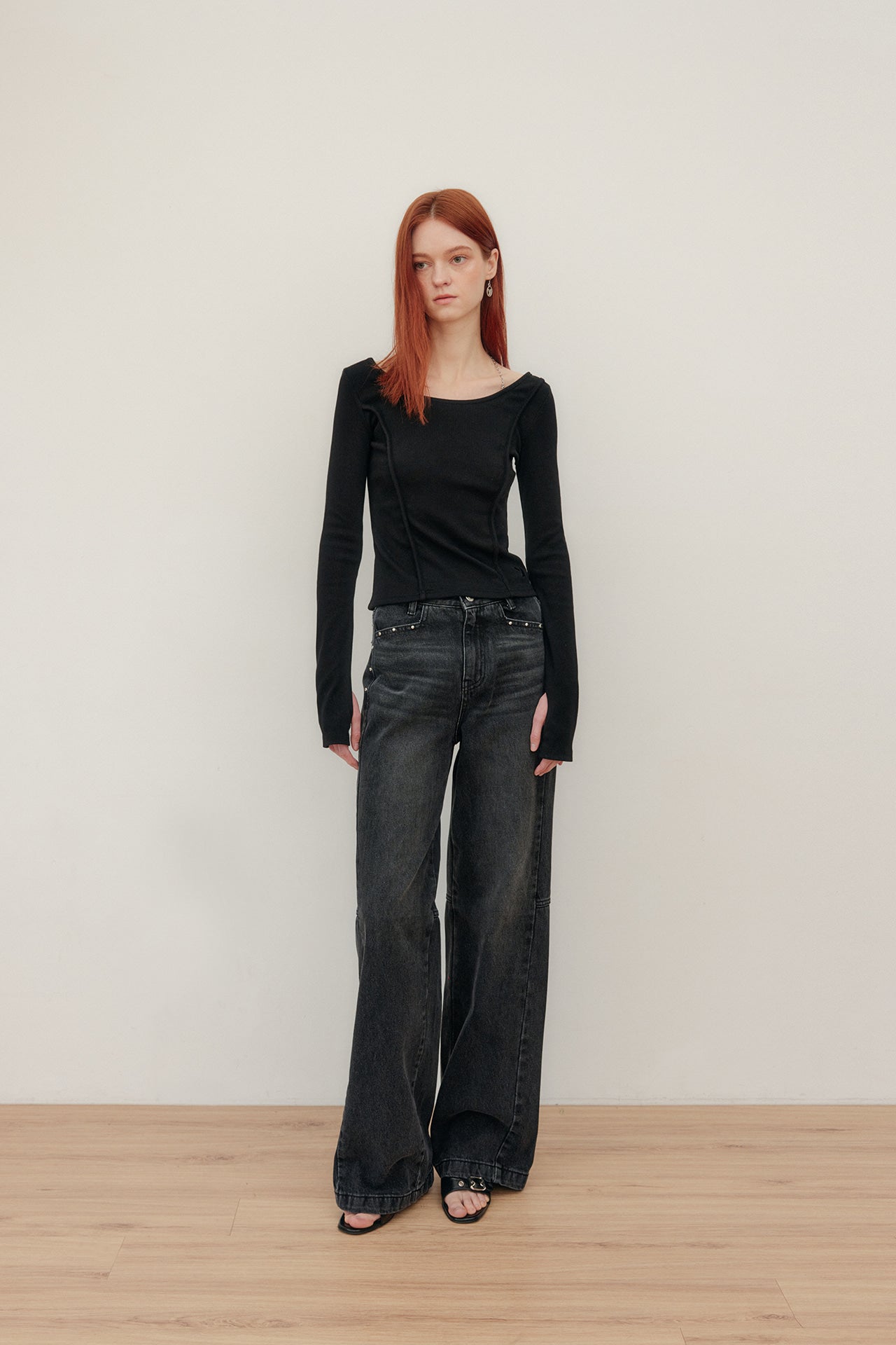 YUSE HOT FIX WIDE DENIM PANTS - BLACK