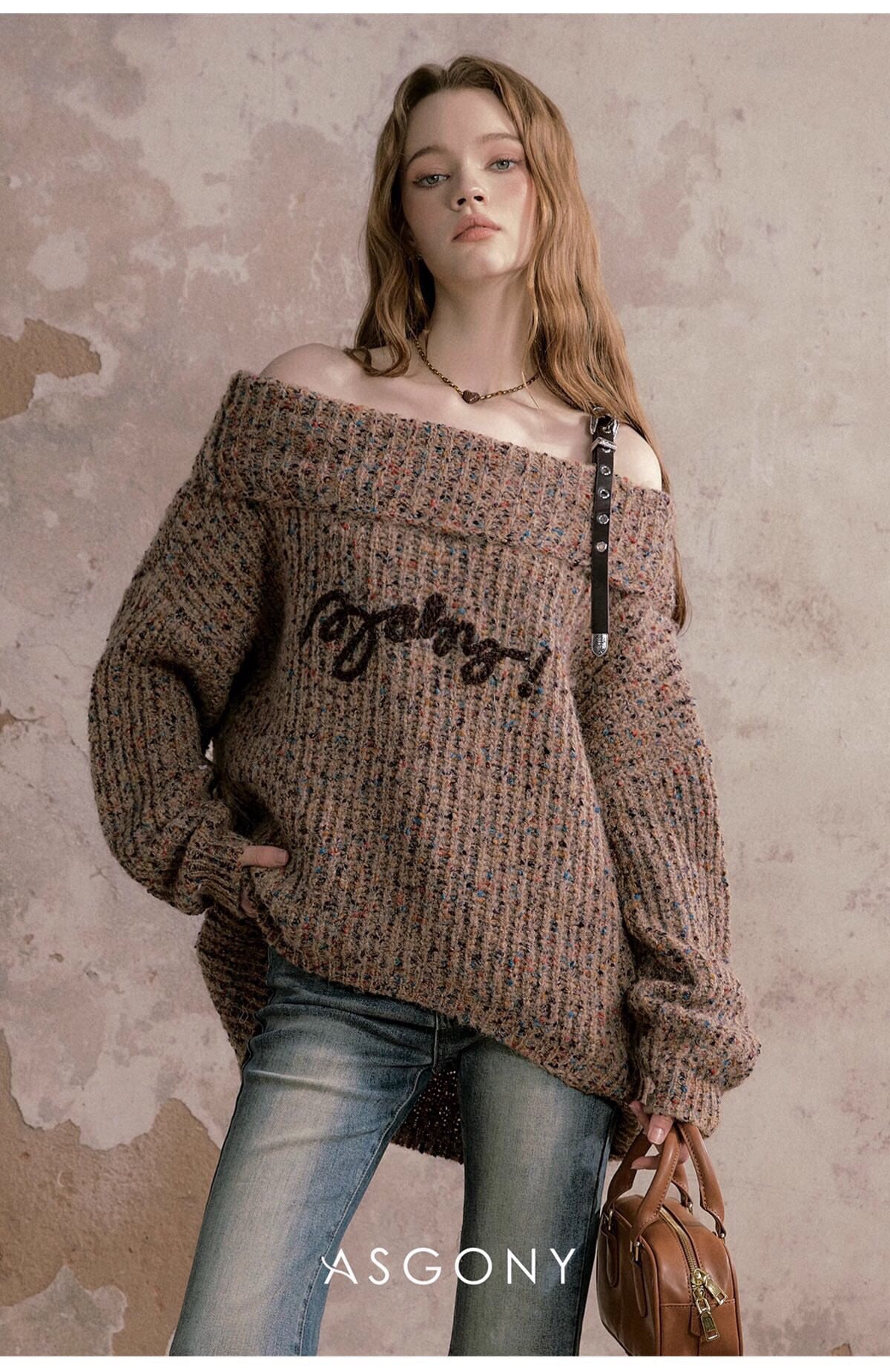 ASGONY Coffee Brown One-Shoulder Sweater