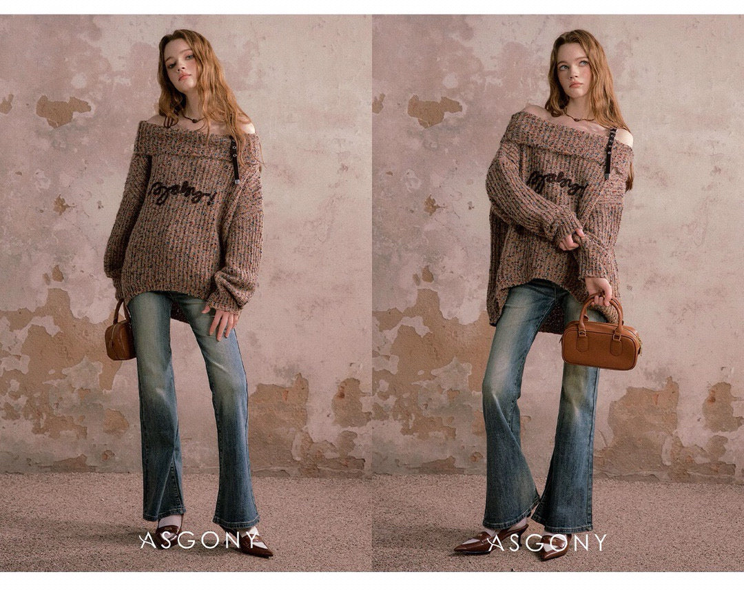 ASGONY Coffee Brown One-Shoulder Sweater