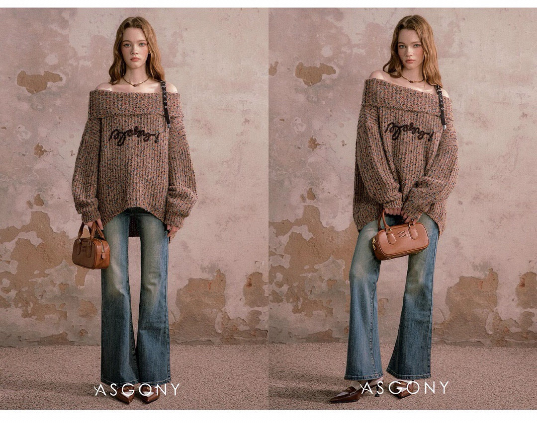 ASGONY Coffee Brown One-Shoulder Sweater