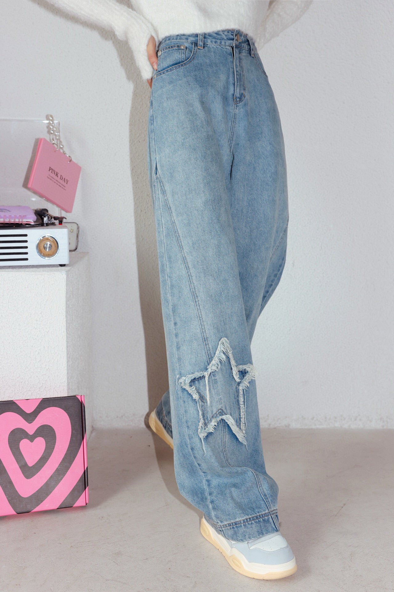 La Freedom Star Wide Leg Jeans - Light Denim