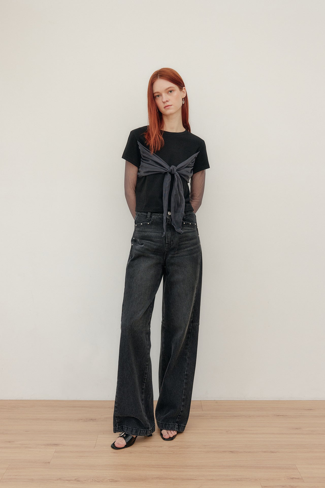 YUSE HOT FIX WIDE DENIM PANTS - BLACK